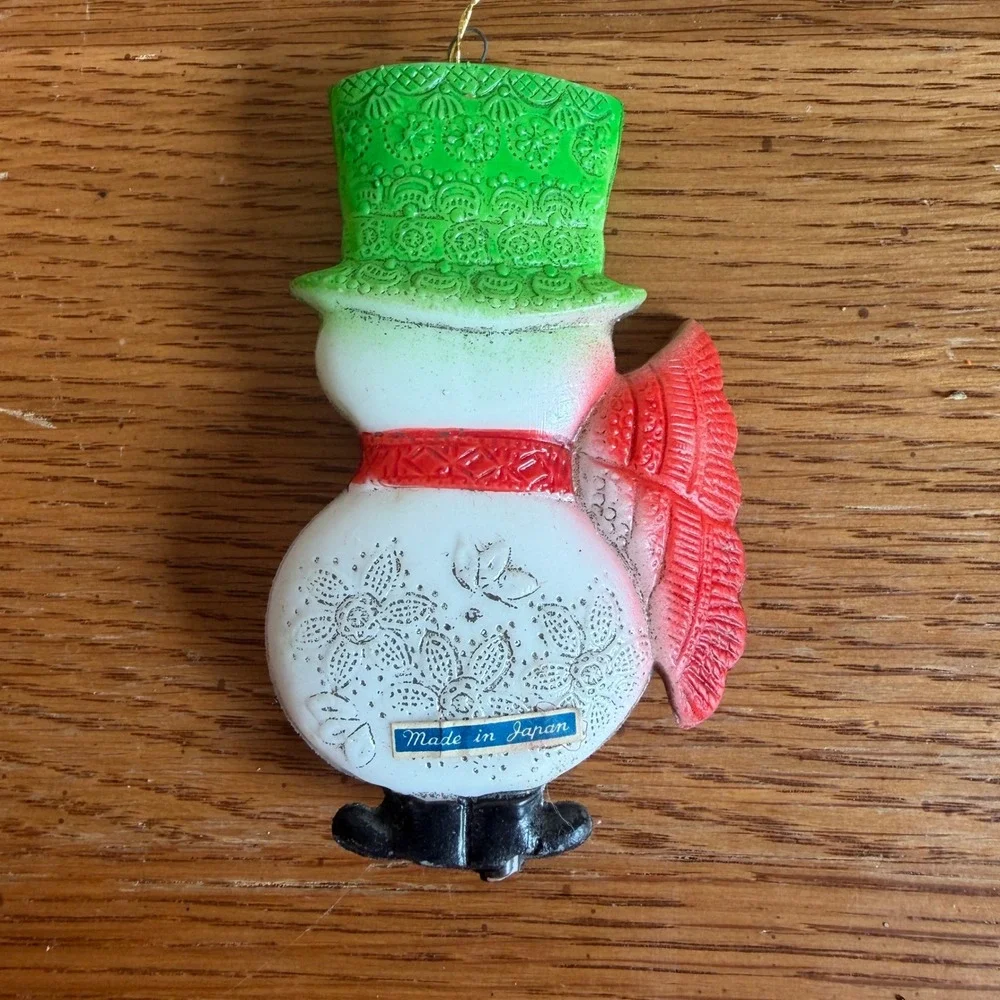 Vintage Snowman Christmas Ornament Made in Japan Green Top Hat Red Scarf